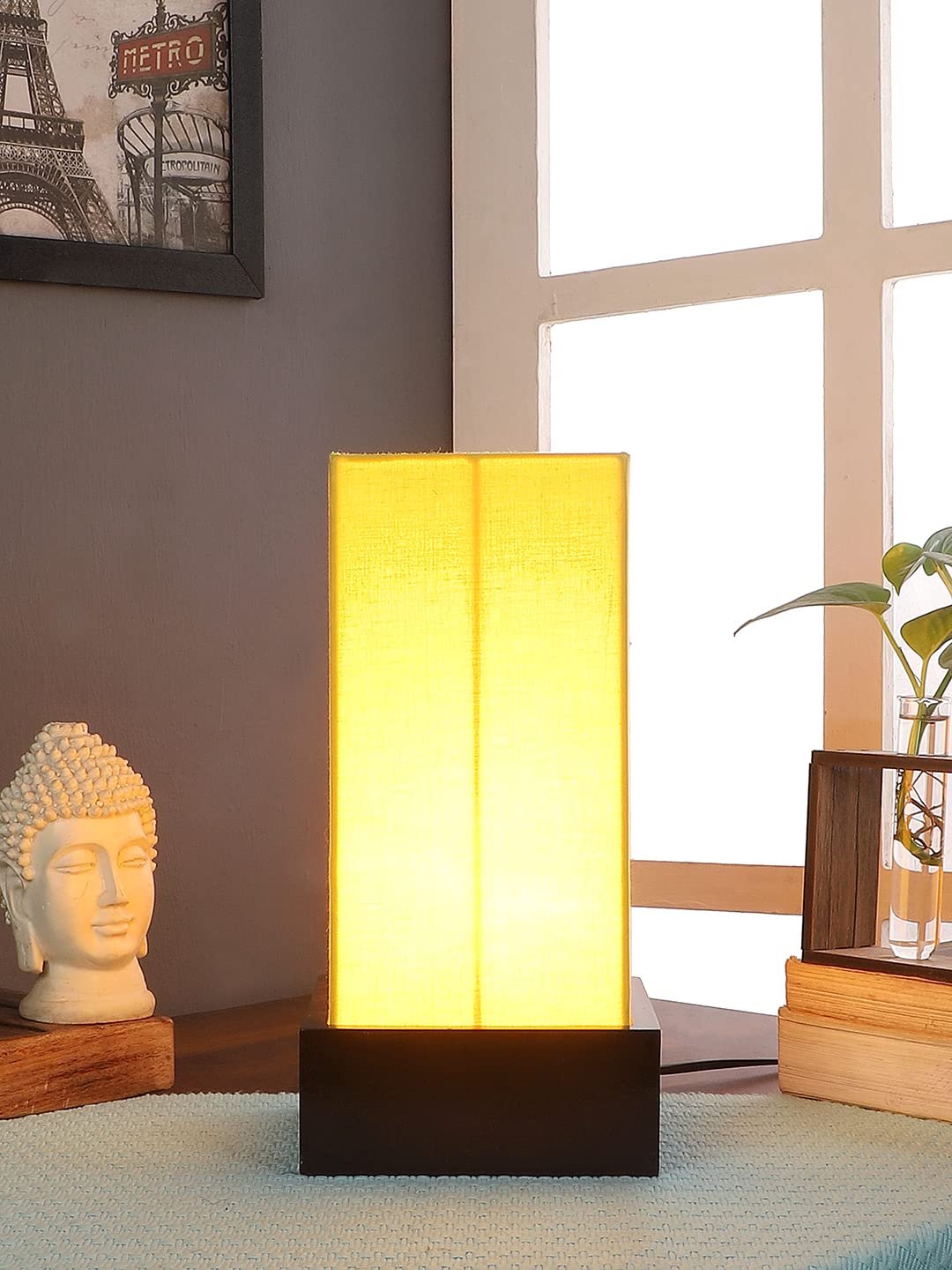 Yellow Cotton Table lamp with Carving Wood Natural Base