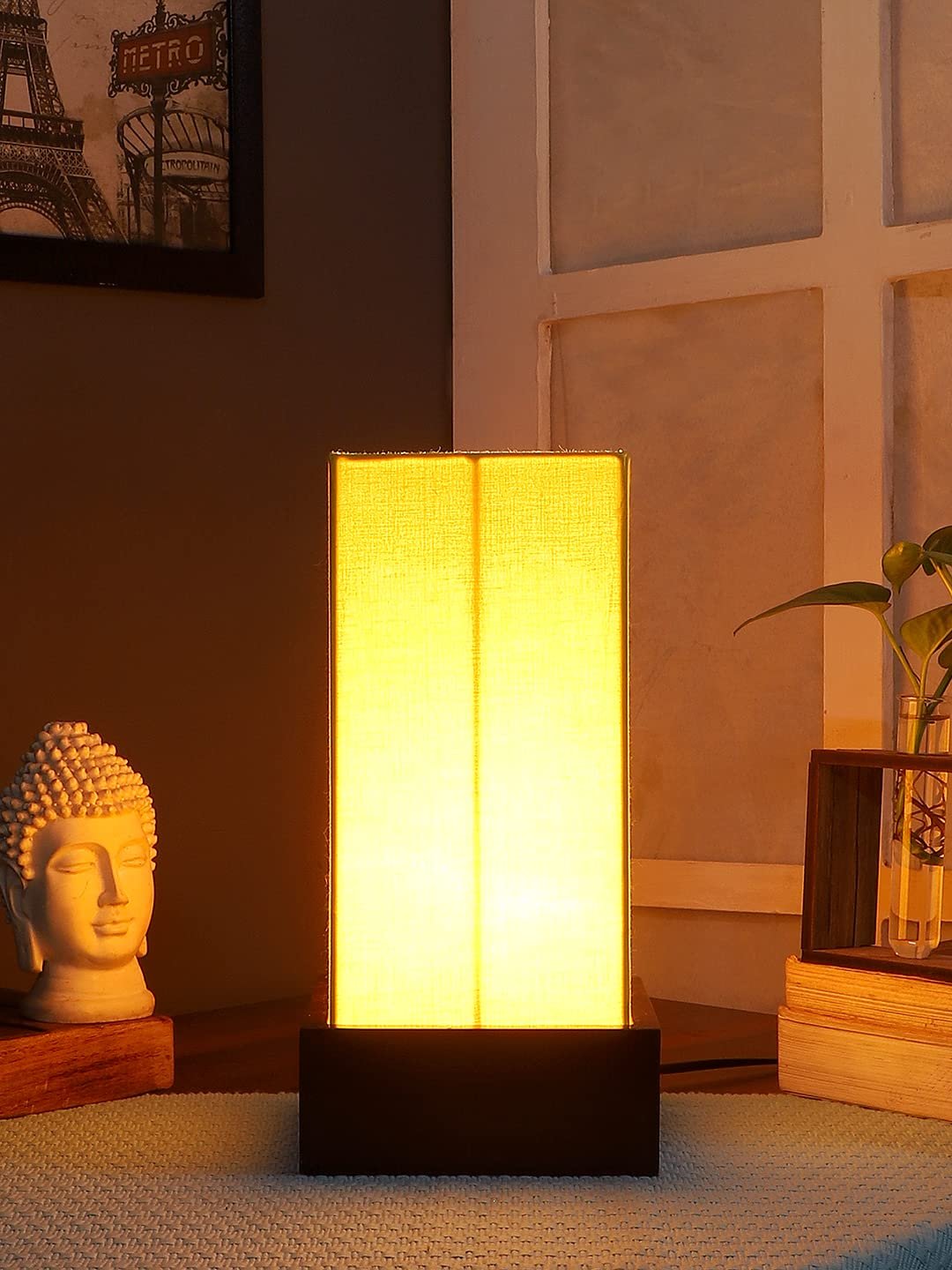 Yellow Cotton Table lamp with Carving Wood Natural Base
