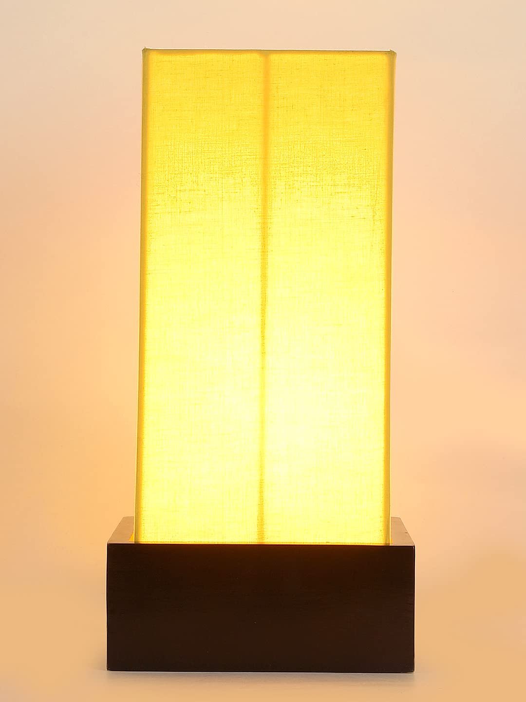 Yellow Cotton Table lamp with Carving Wood Natural Base