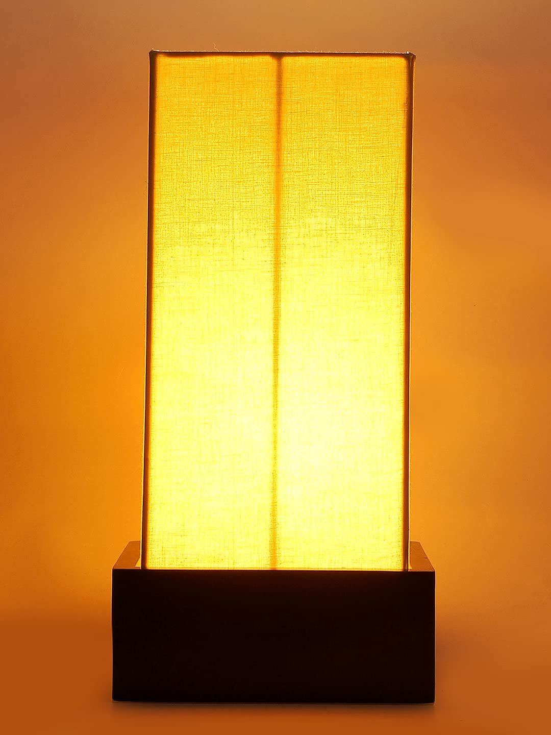 Yellow Cotton Table lamp with Carving Wood Natural Base