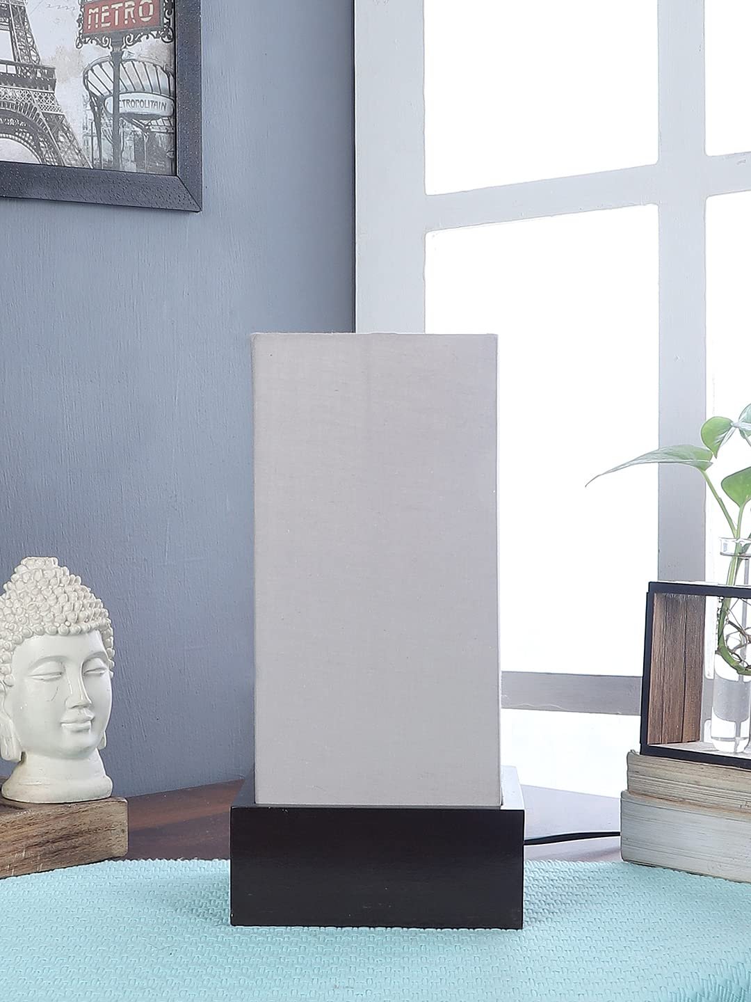 Grey Cotton Table lamp with Wood Brown Base
