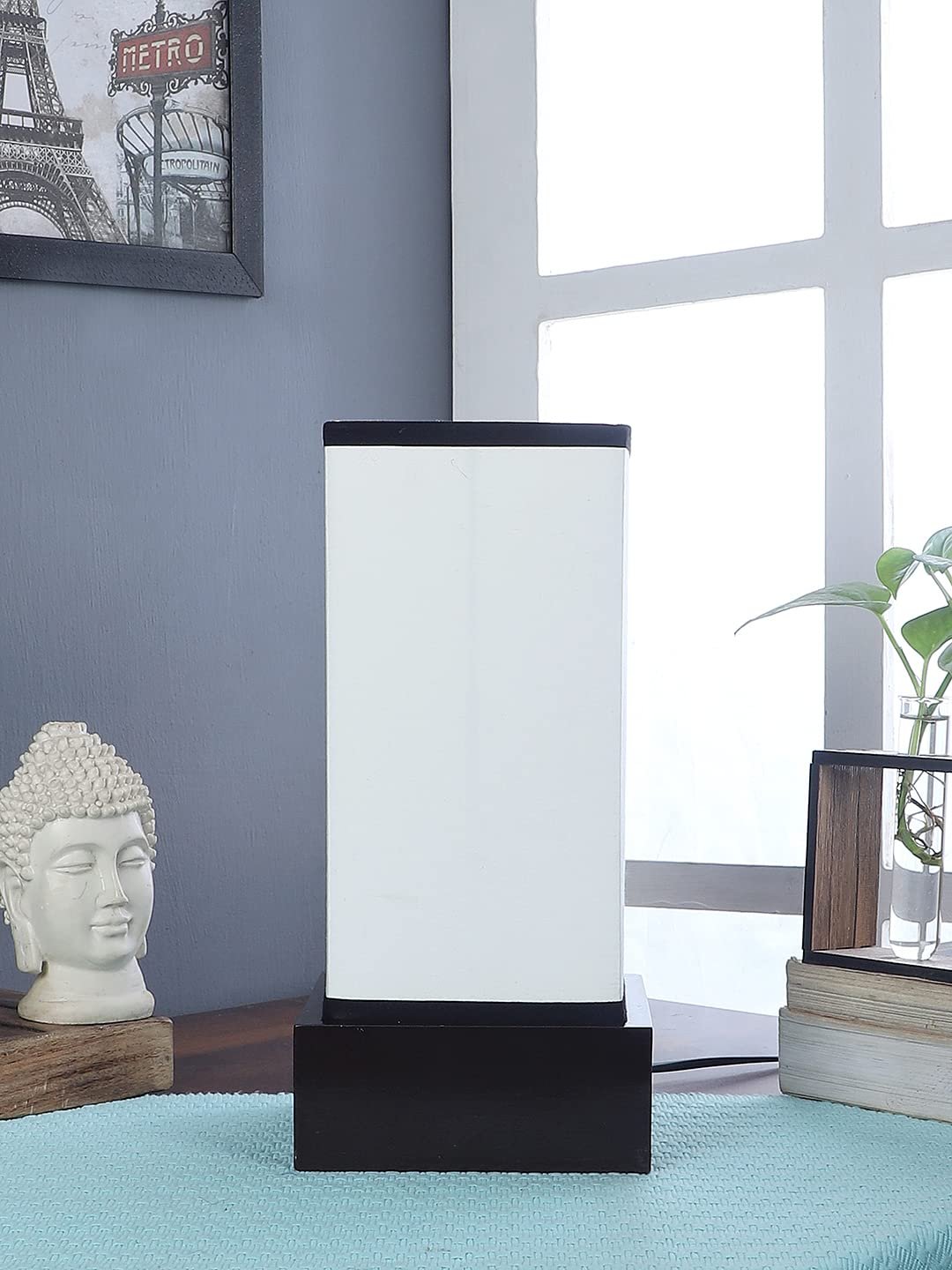 Multicolor Cotton Table lamp with Wood Brown Base