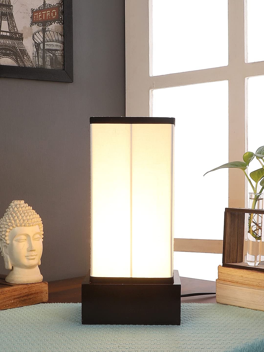 Multicolor Cotton Table lamp with Wood Brown Base