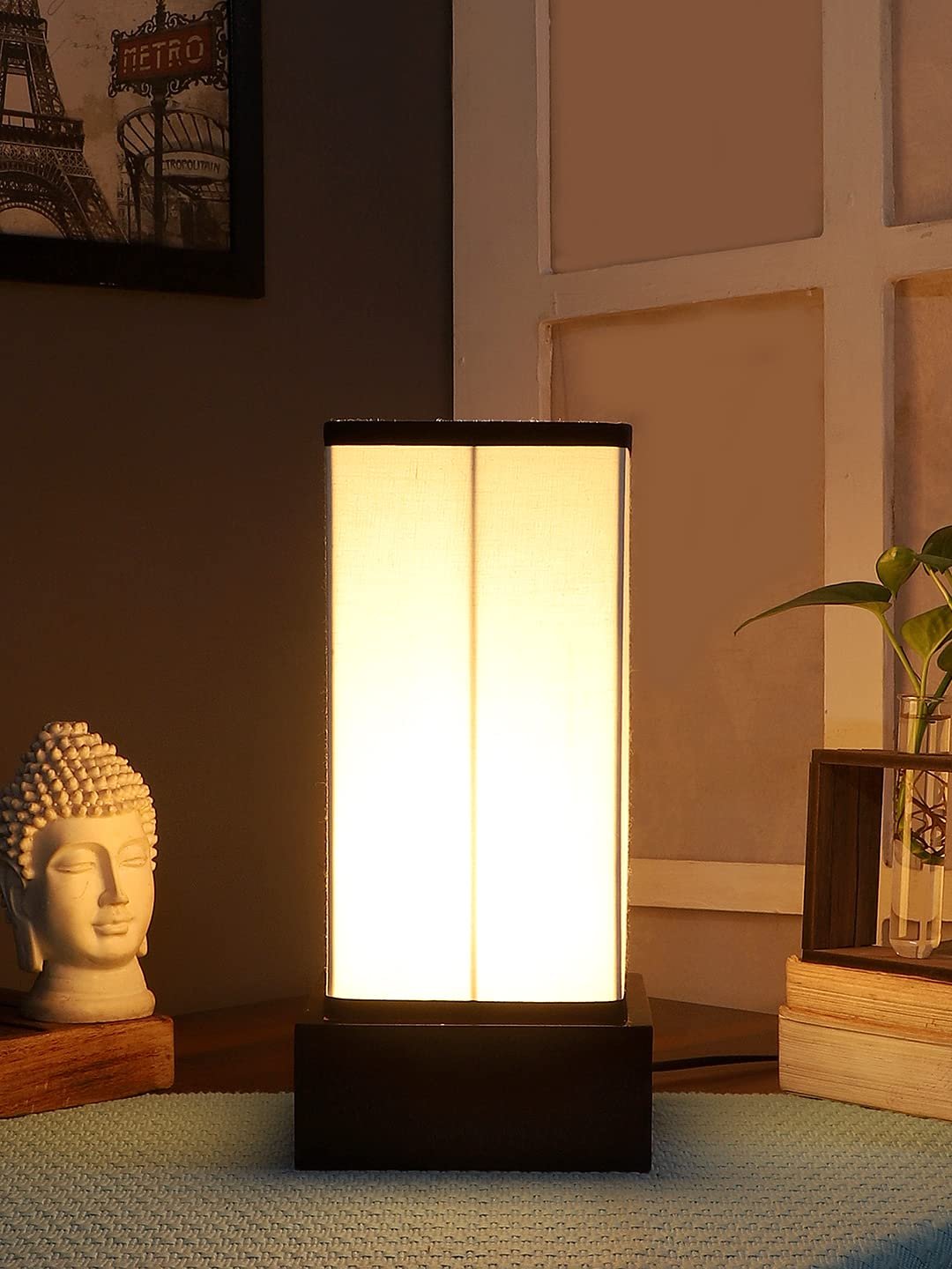 Multicolor Cotton Table lamp with Wood Brown Base