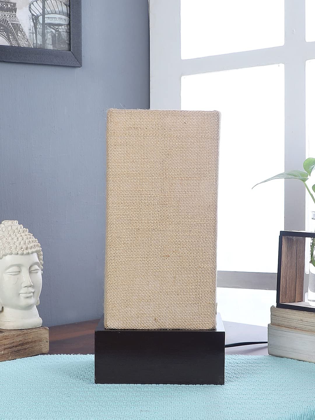 Beige Jute Table lamp with Wood Brown Base