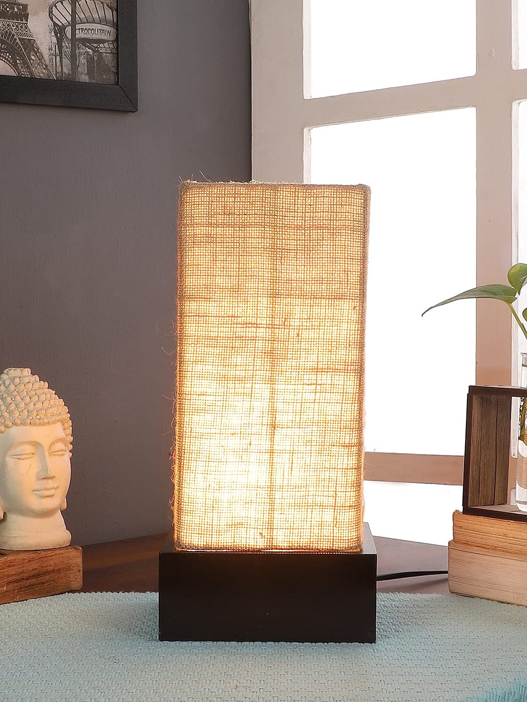 Beige Jute Table lamp with Wood Brown Base