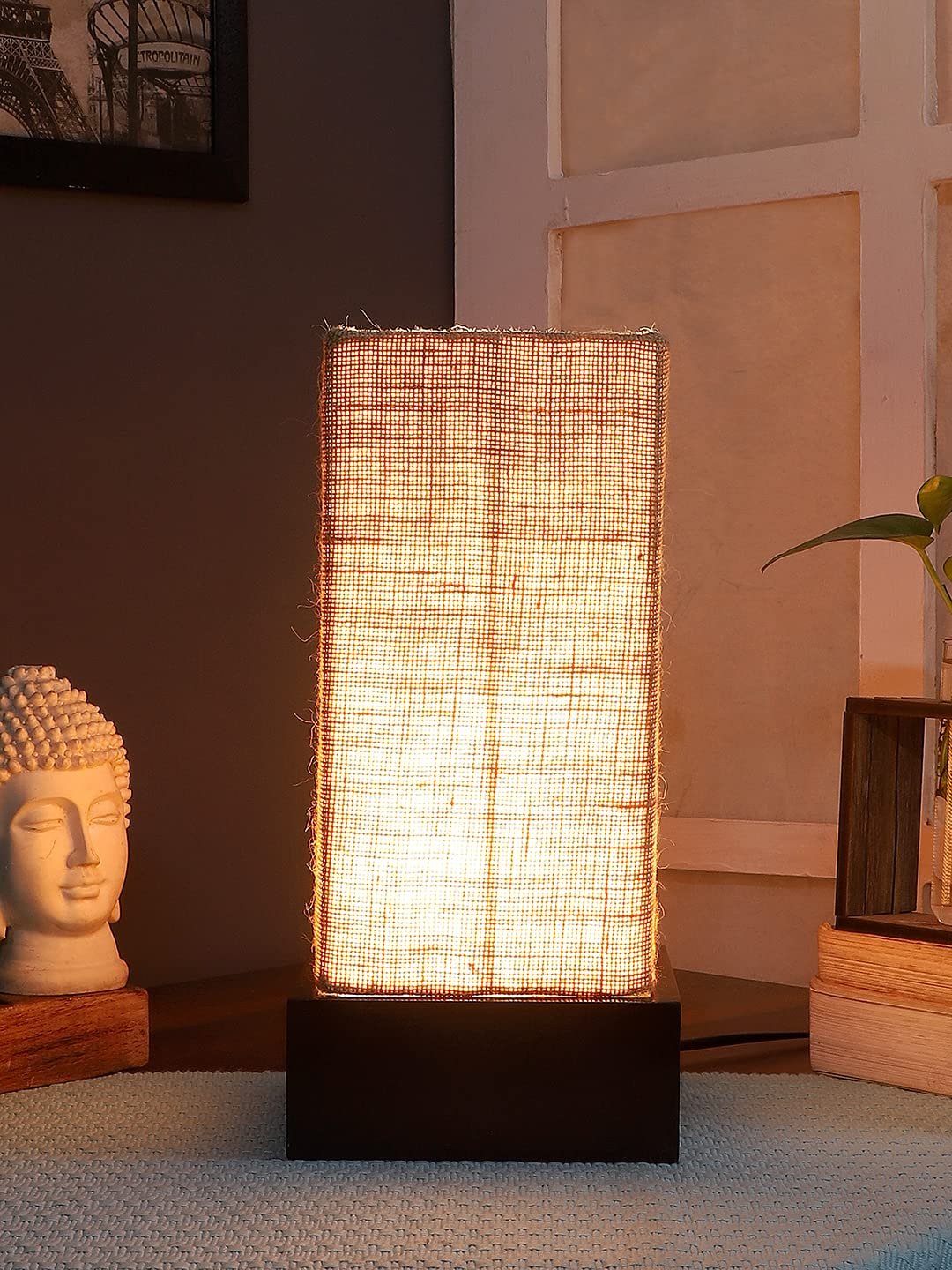 Beige Jute Table lamp with Wood Brown Base