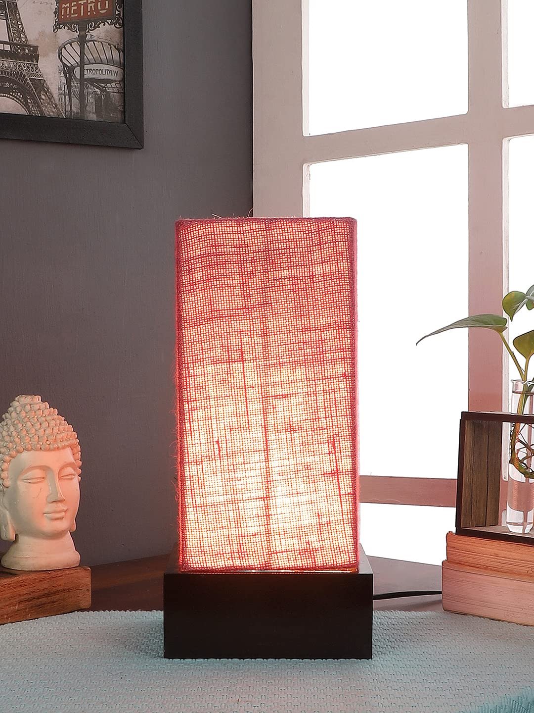 Pink Jute Table lamp with Wood Brown Base