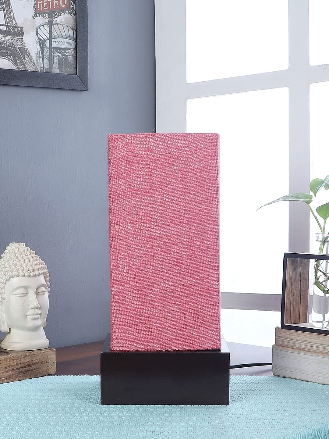 Pink Jute Table lamp with Wood Brown Base
