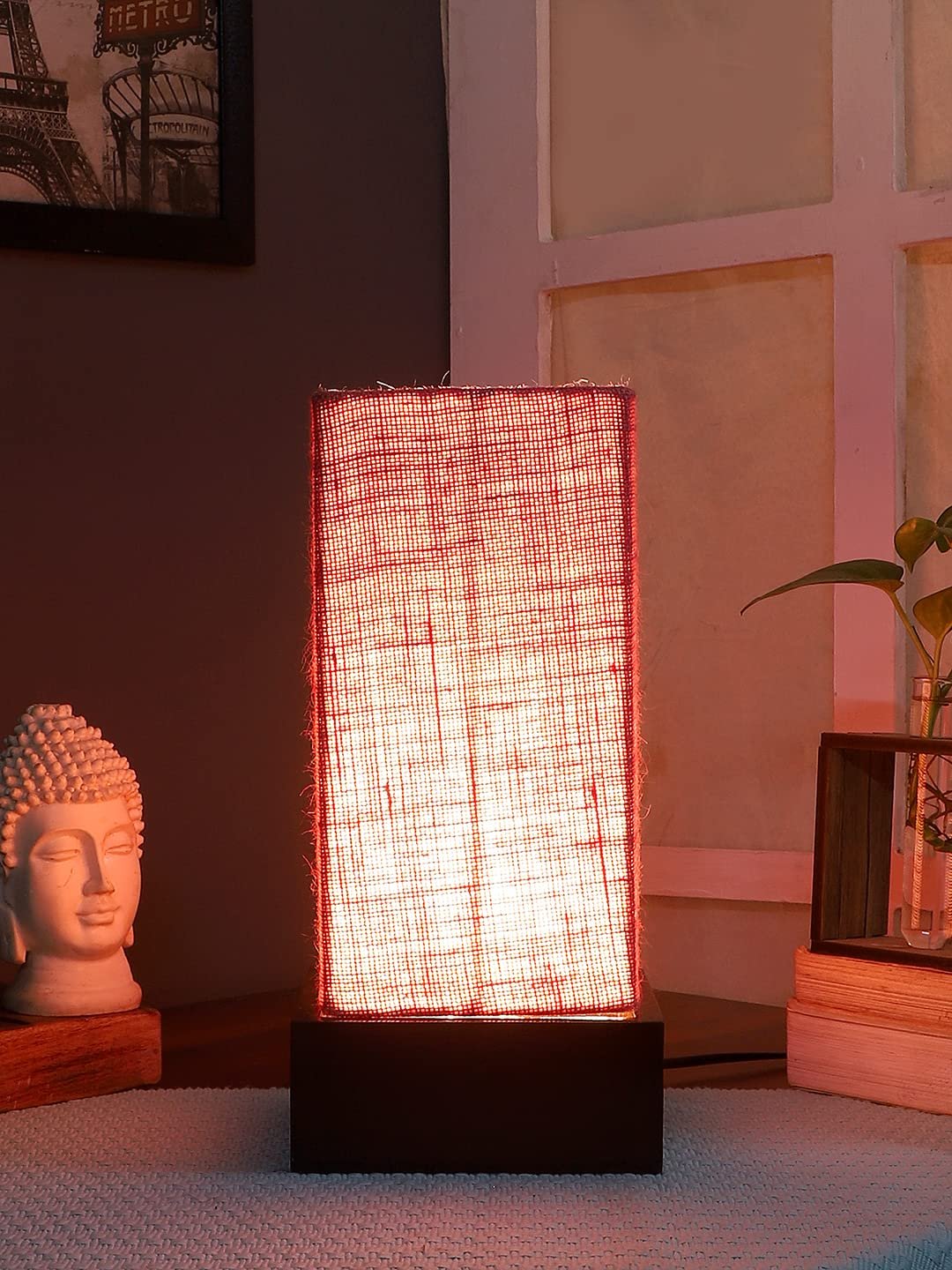 Pink Jute Table lamp with Wood Brown Base