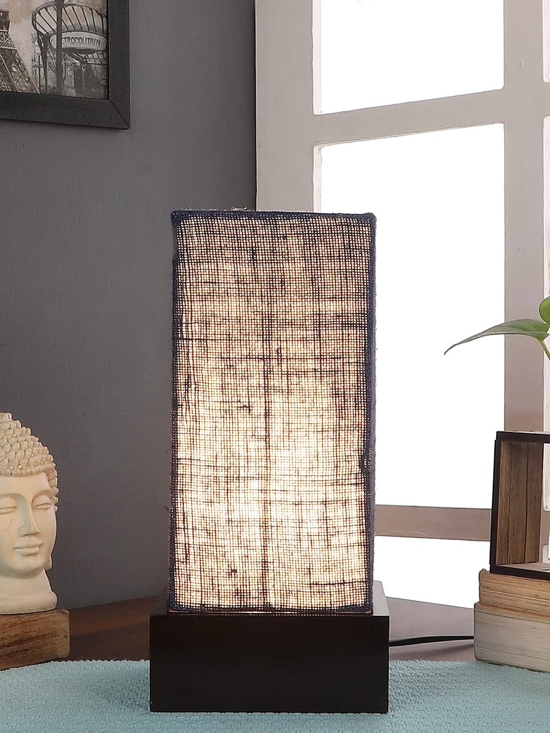 Blue Jute Table lamp with Wood Brown Base