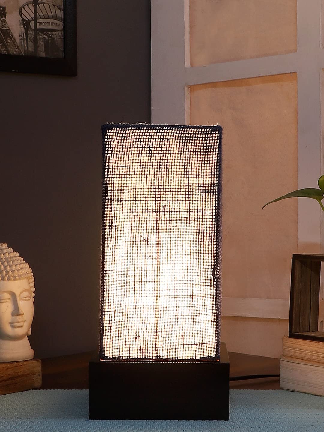Blue Jute Table lamp with Wood Brown Base