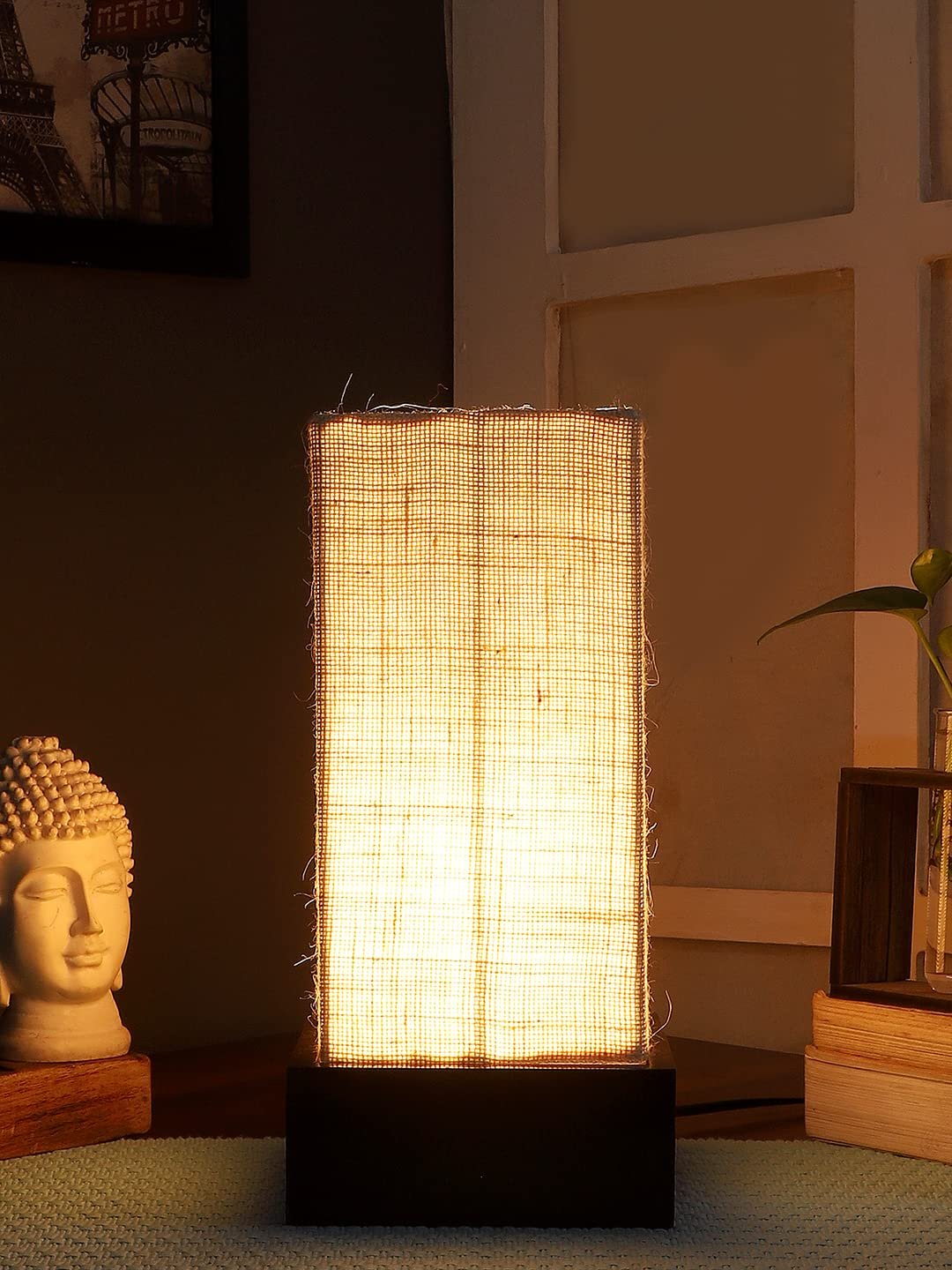 Blue Jute Table lamp with Wood Brown Base