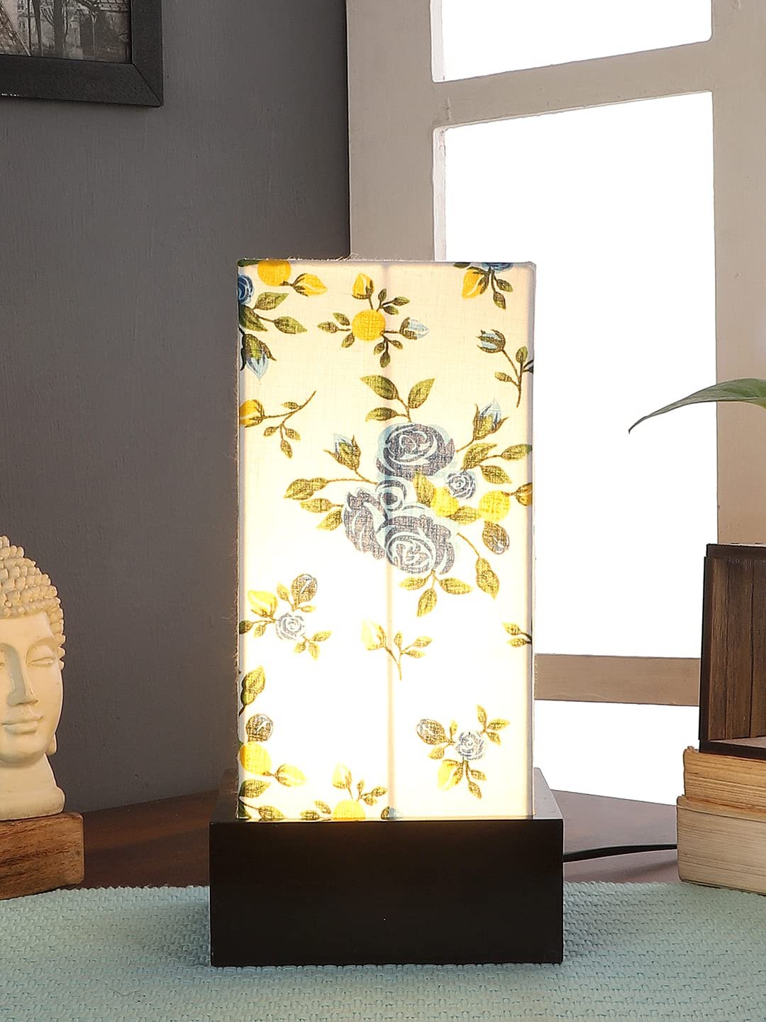 Multicolor Cotton Table lamp with Wood Brown Base
