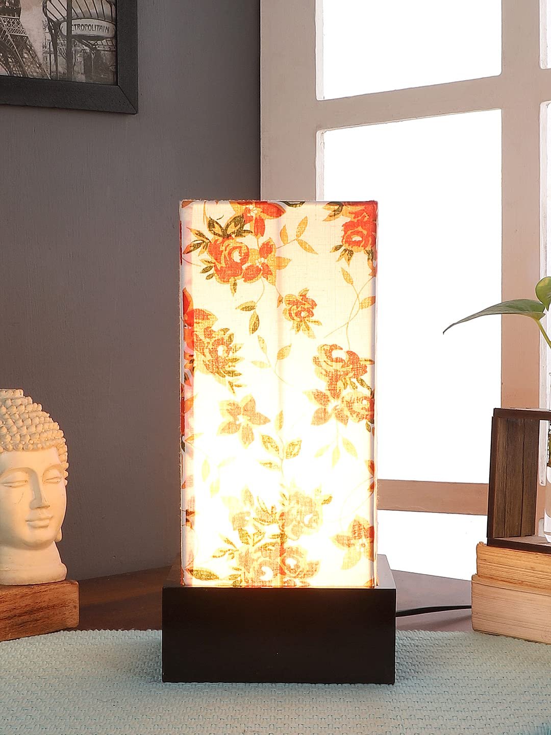 Multicolor Cotton Table lamp with Wood Brown Base