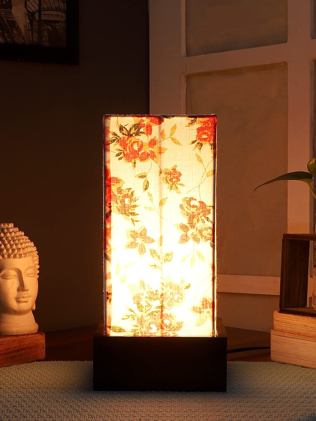 Multicolor Cotton Table lamp with Wood Brown Base