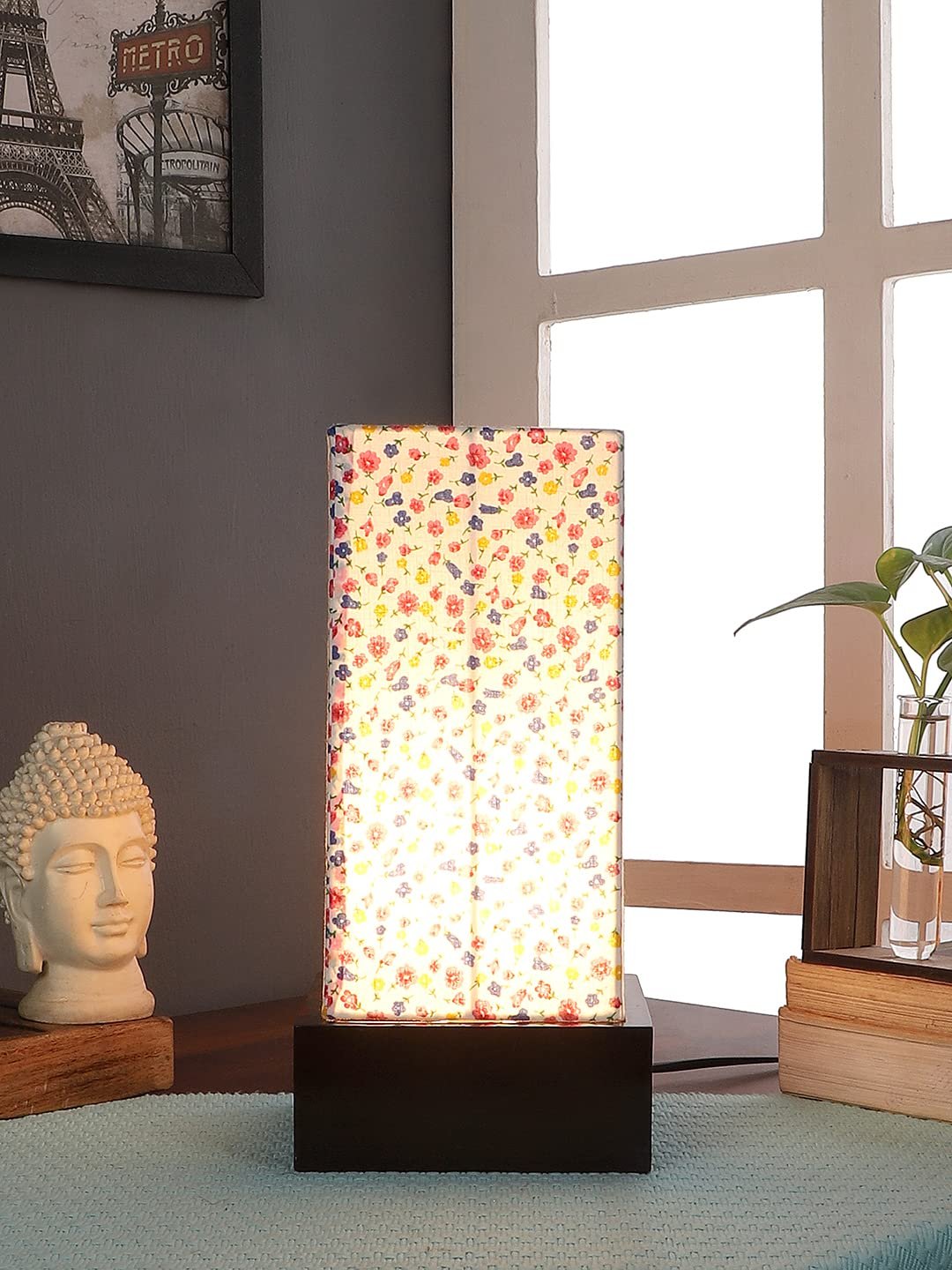 Multicolor Cotton Table lamp with Wood Brown Base