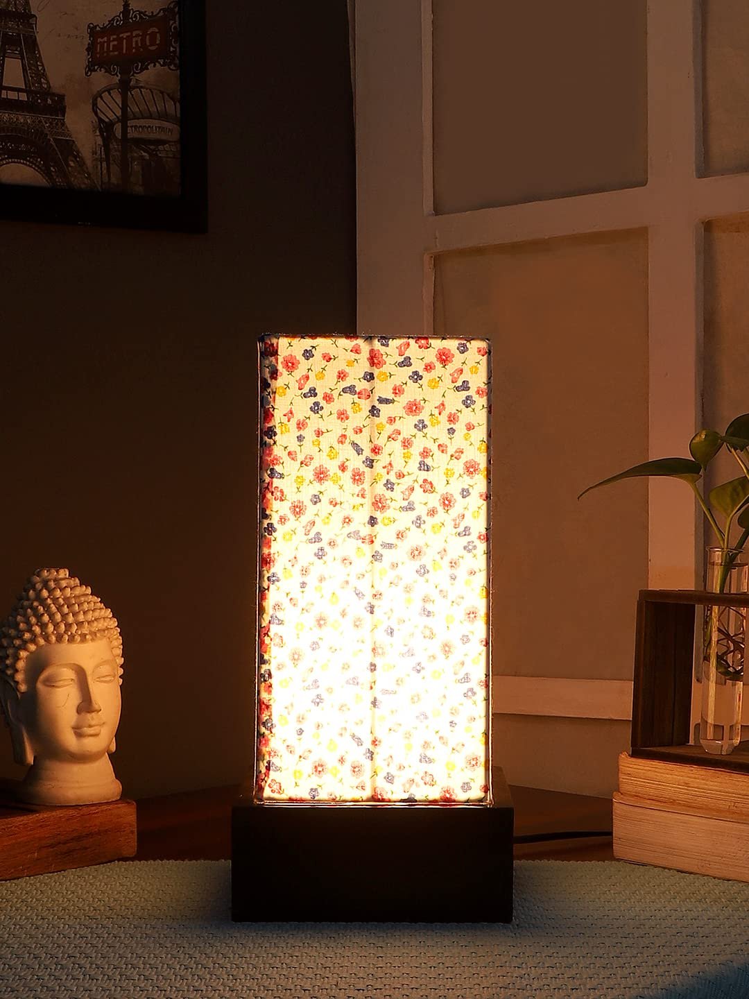 Multicolor Cotton Table lamp with Wood Brown Base