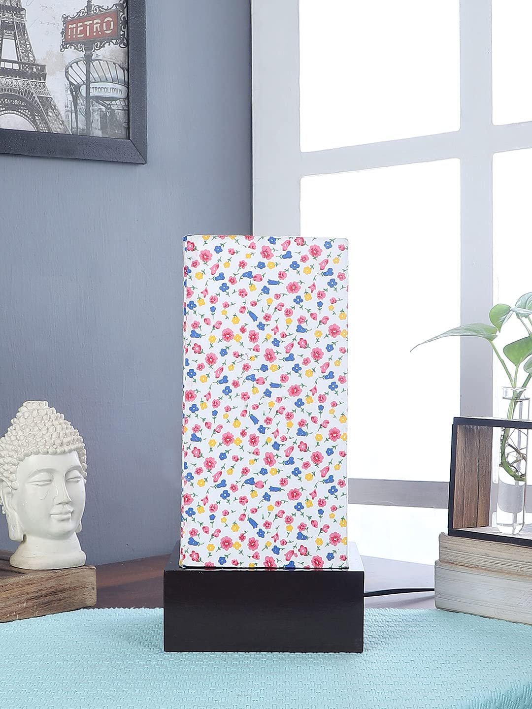 Multicolor Cotton Table lamp with Wood Brown Base