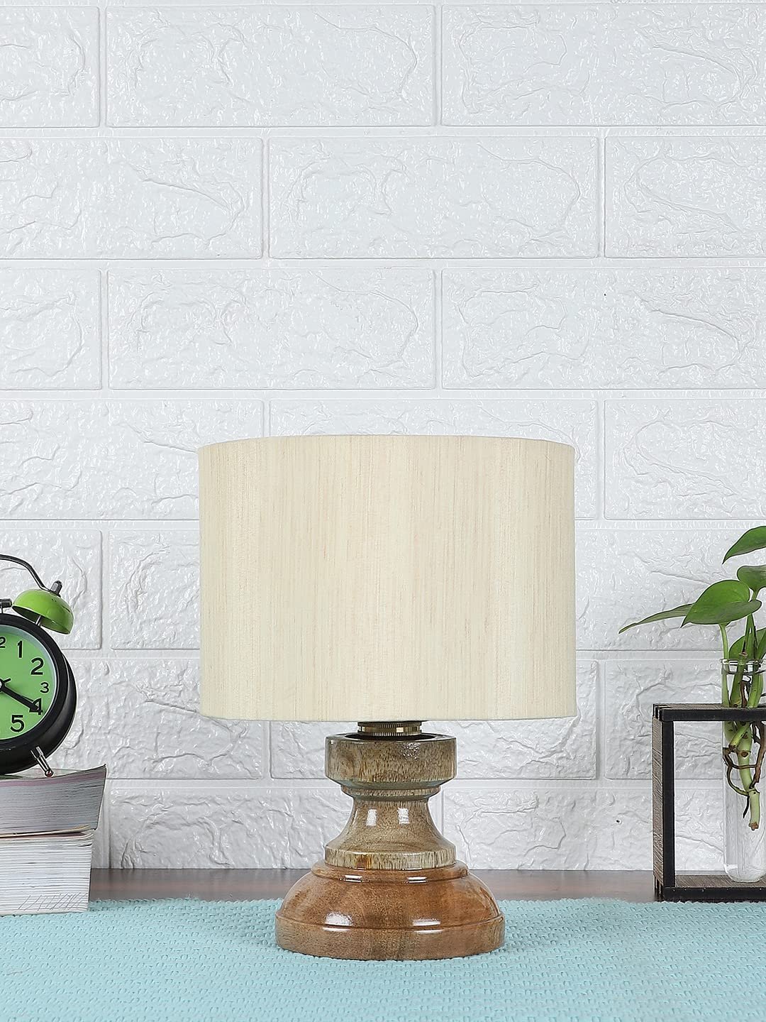 Wood Table lamp with Off-White Cotton Shade
