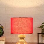 Wood Table lamp with Red Cotton Shade