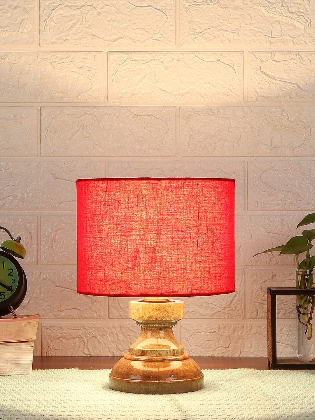 Wood Table lamp with Red Cotton Shade