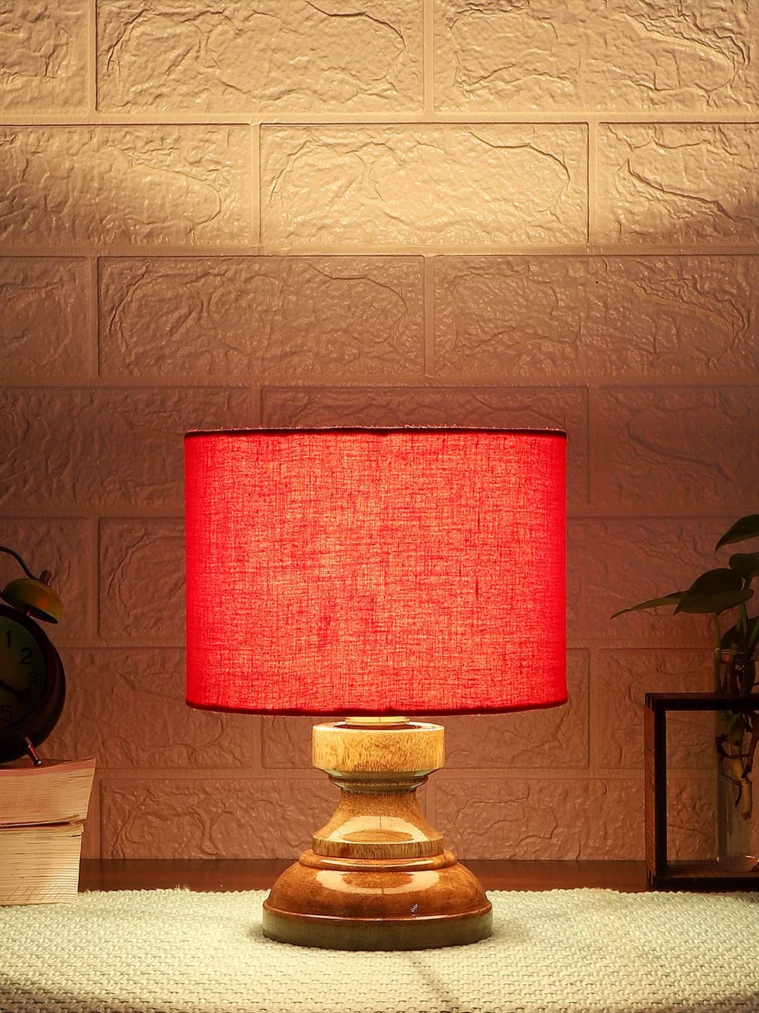 Wood Table lamp with Red Cotton Shade