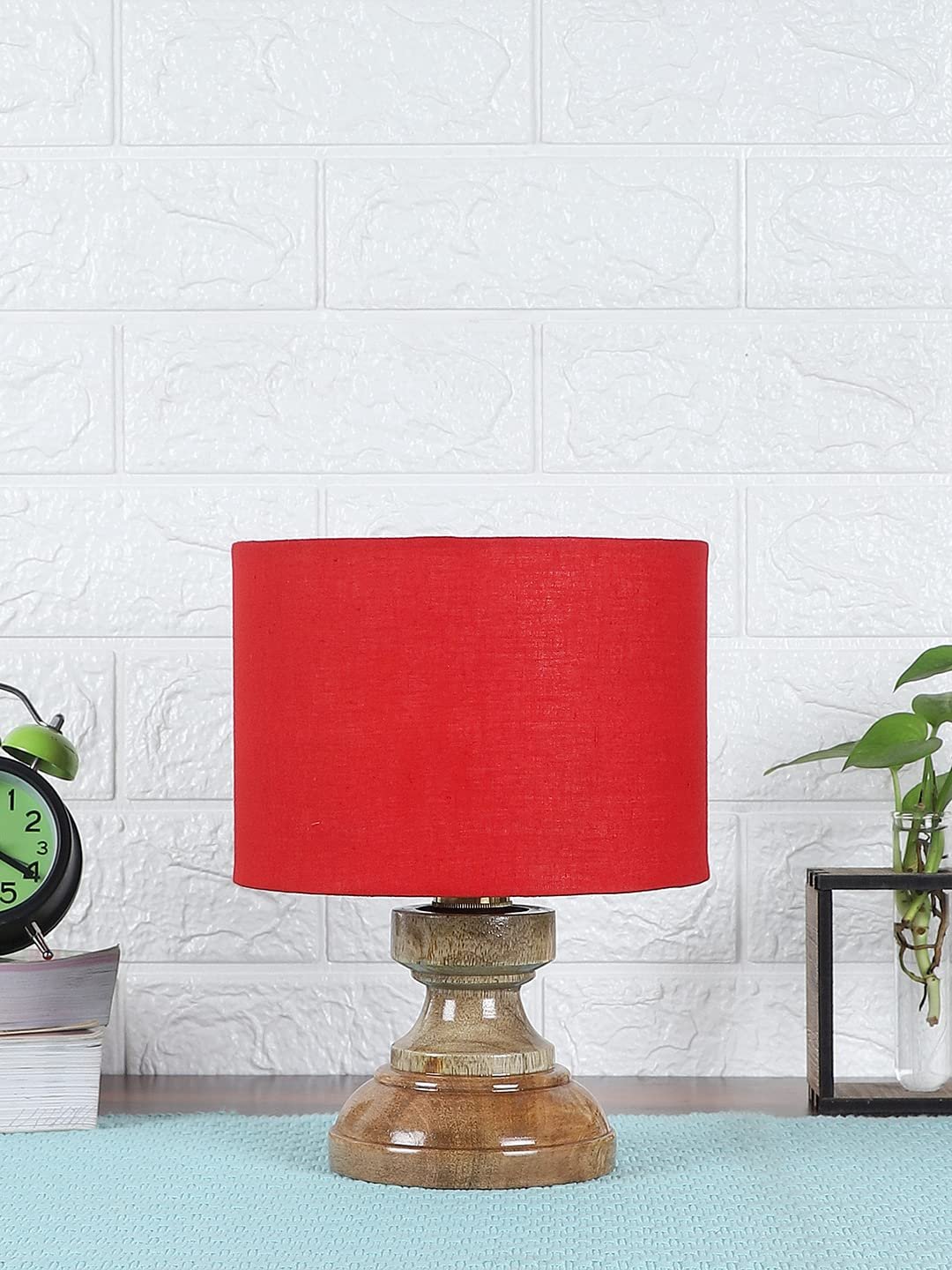 Wood Table lamp with Red Cotton Shade