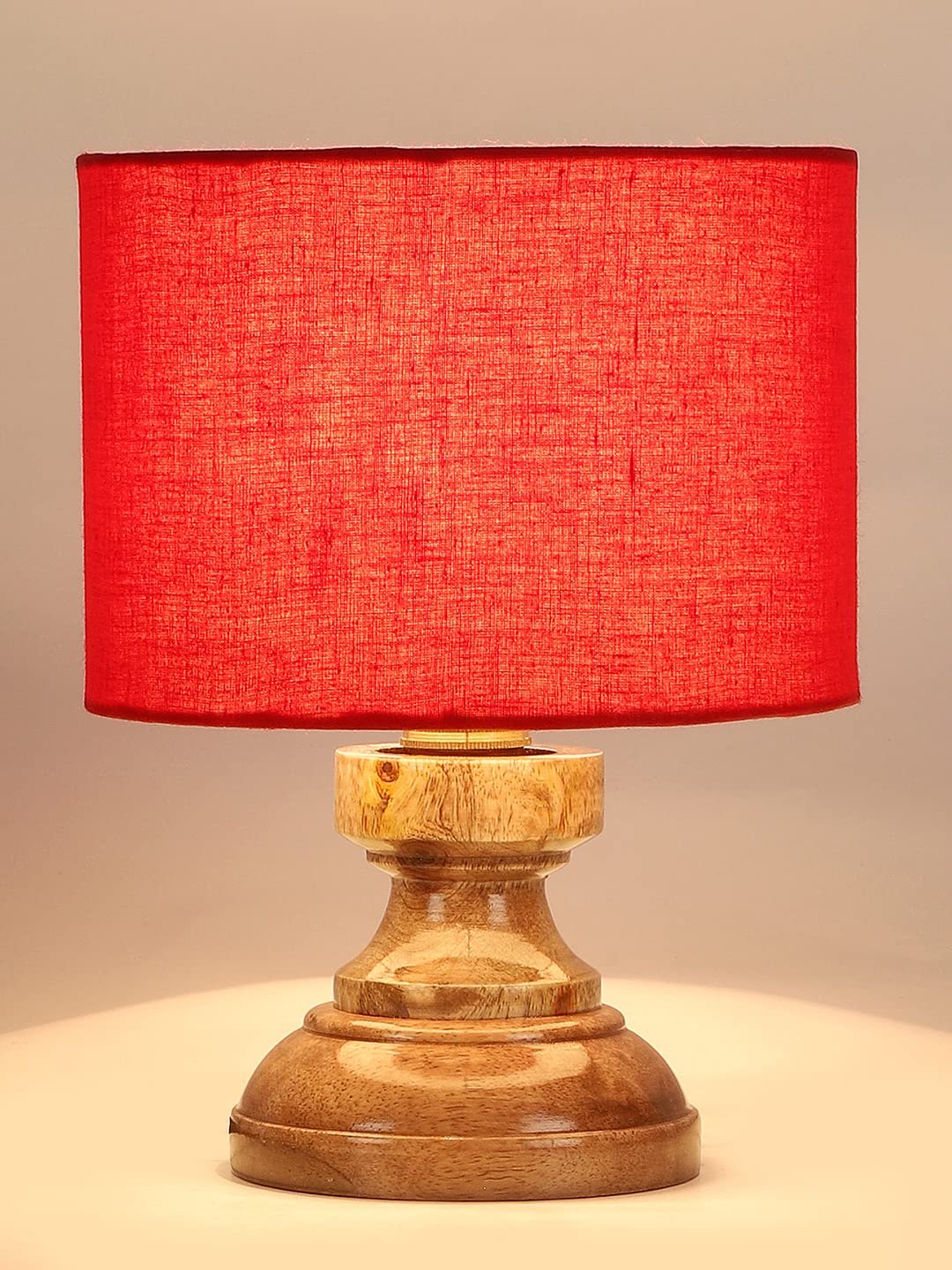 Wood Table lamp with Red Cotton Shade