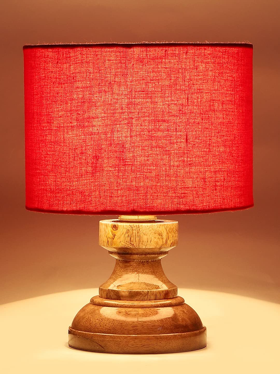 Wood Table lamp with Red Cotton Shade