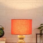 Wood Table lamp with Orange Cotton Shade