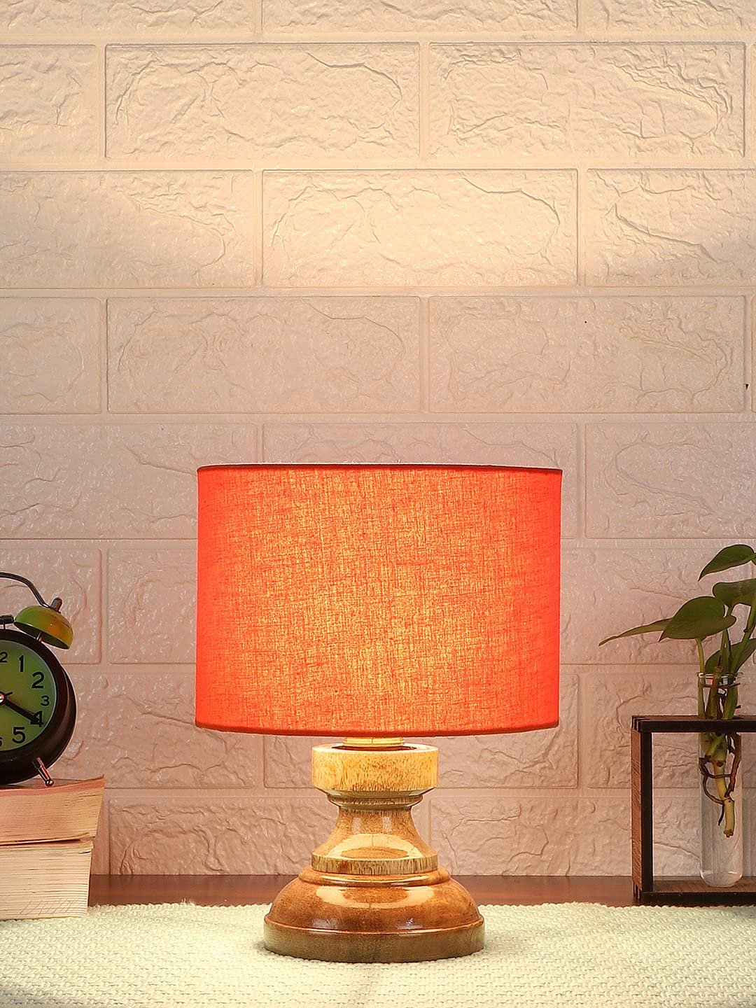 Wood Table lamp with Orange Cotton Shade