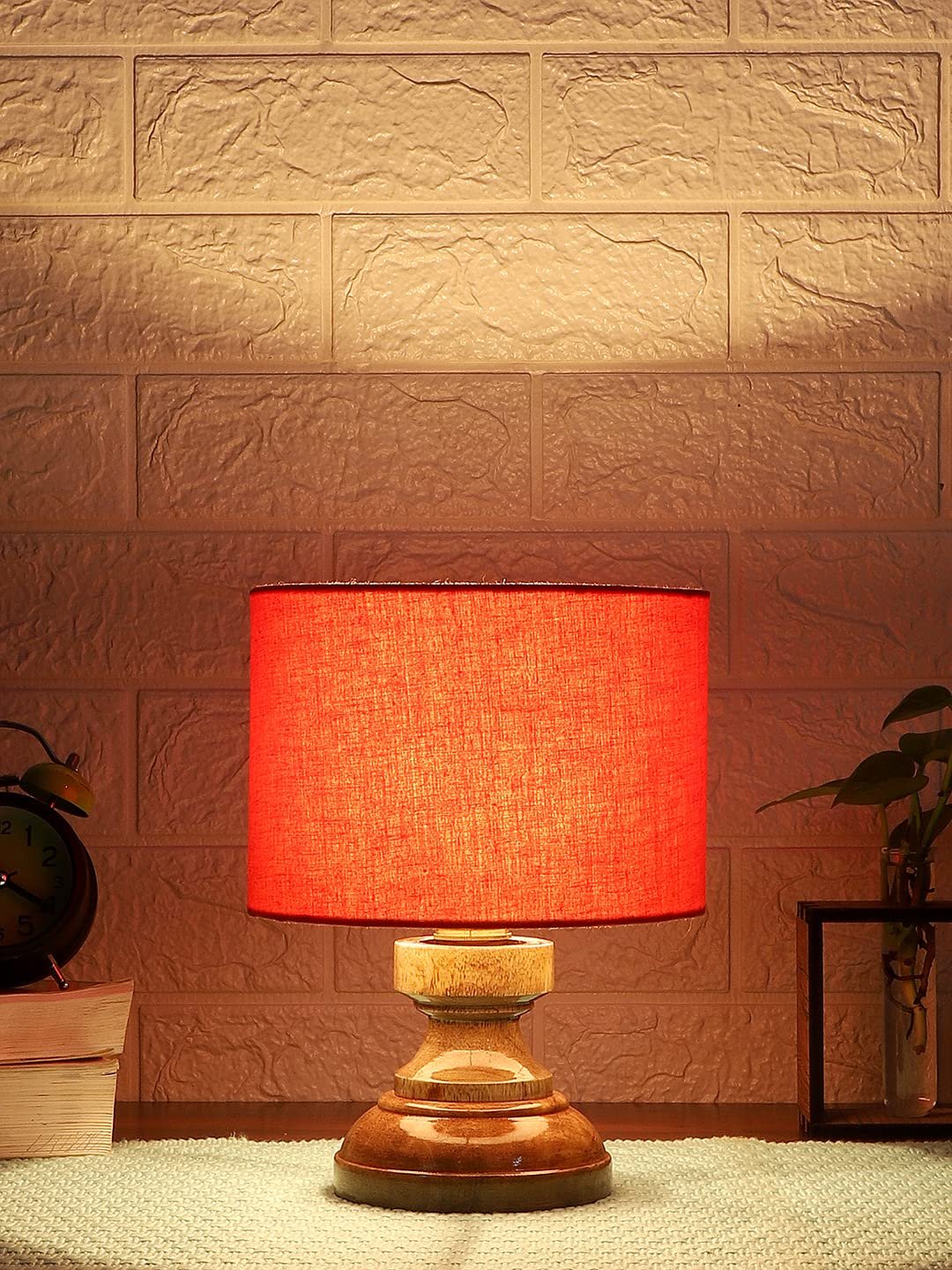 Wood Table lamp with Orange Cotton Shade