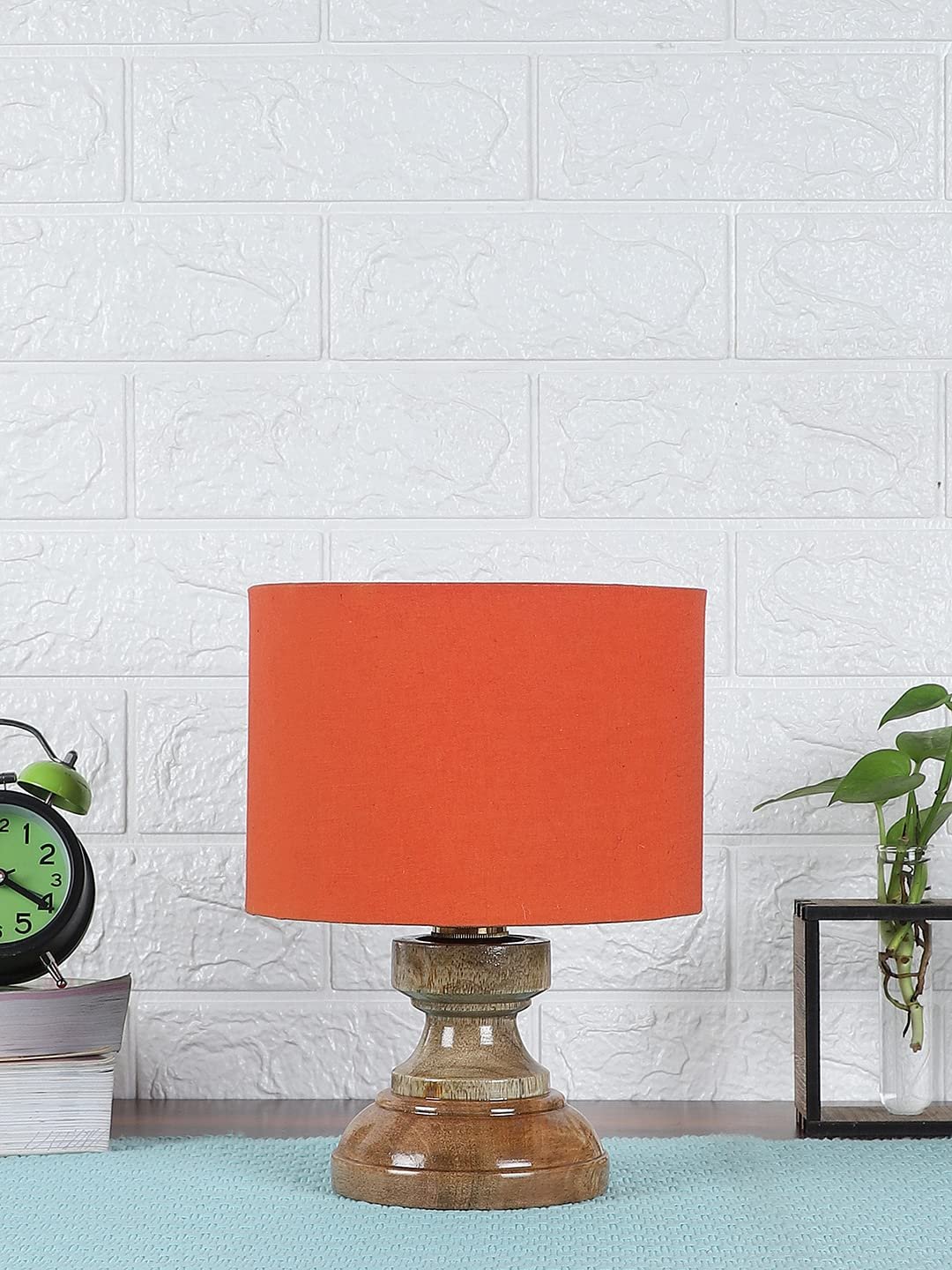 Wood Table lamp with Orange Cotton Shade