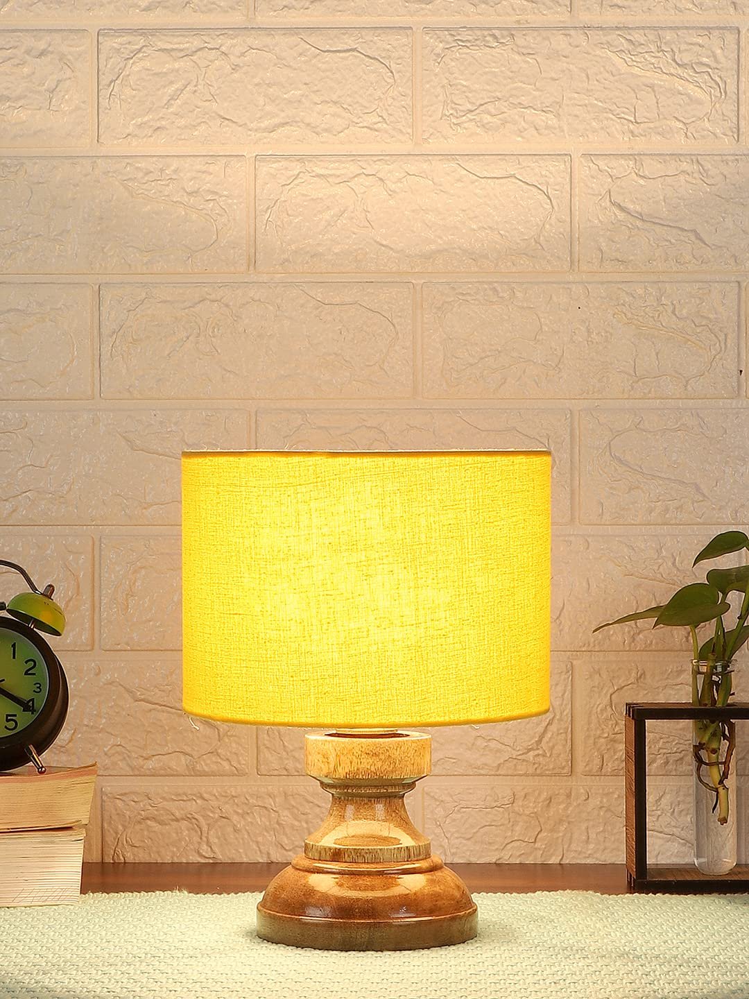 Wood Table lamp with Yellow Cotton Shade