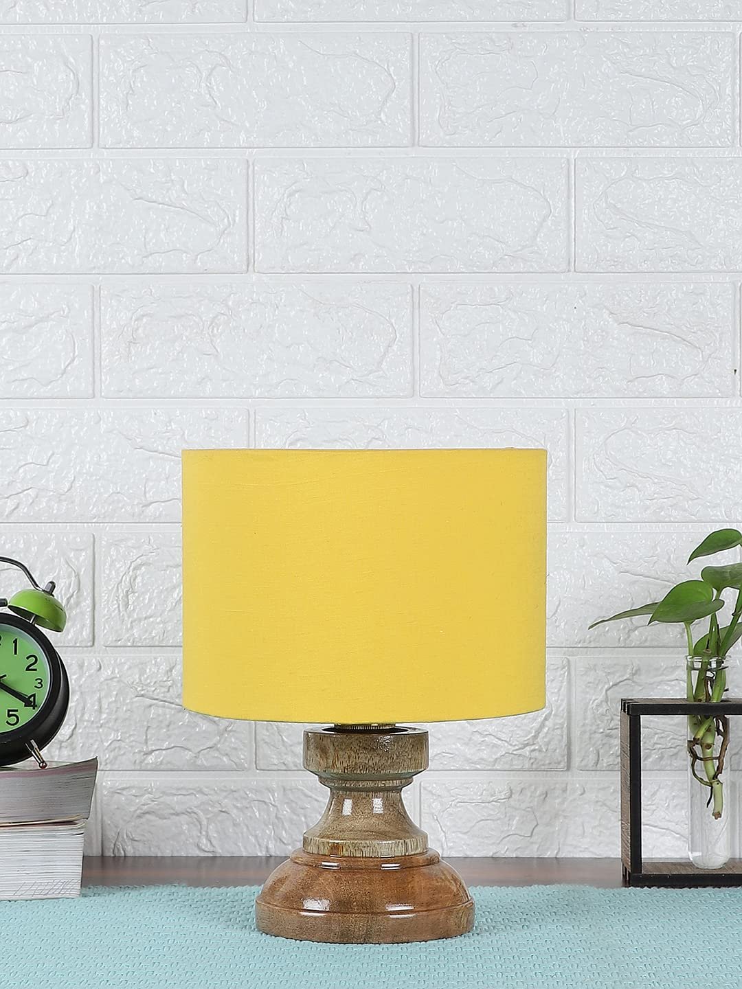 Wood Table lamp with Yellow Cotton Shade