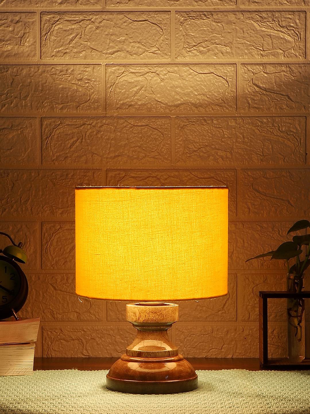 Wood Table lamp with Yellow Cotton Shade