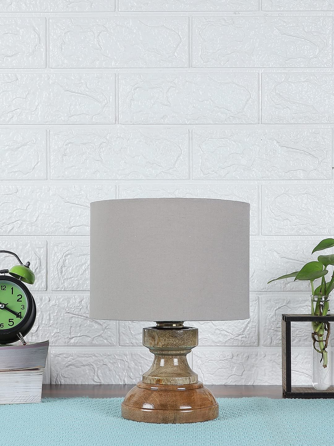 Wood Table lamp with Grey Cotton Shade
