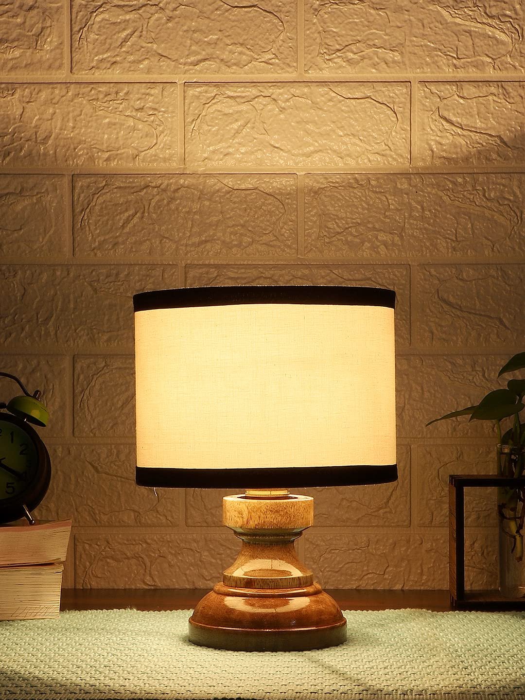 Wood Table lamp with Multicolor Cotton Shade