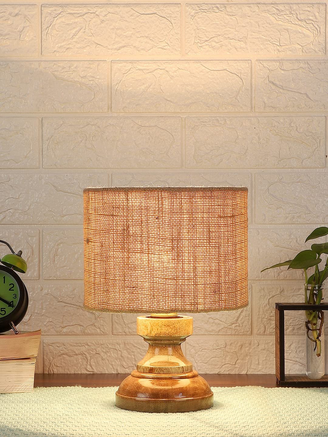 Wood Table lamp with Beige Jute Shade
