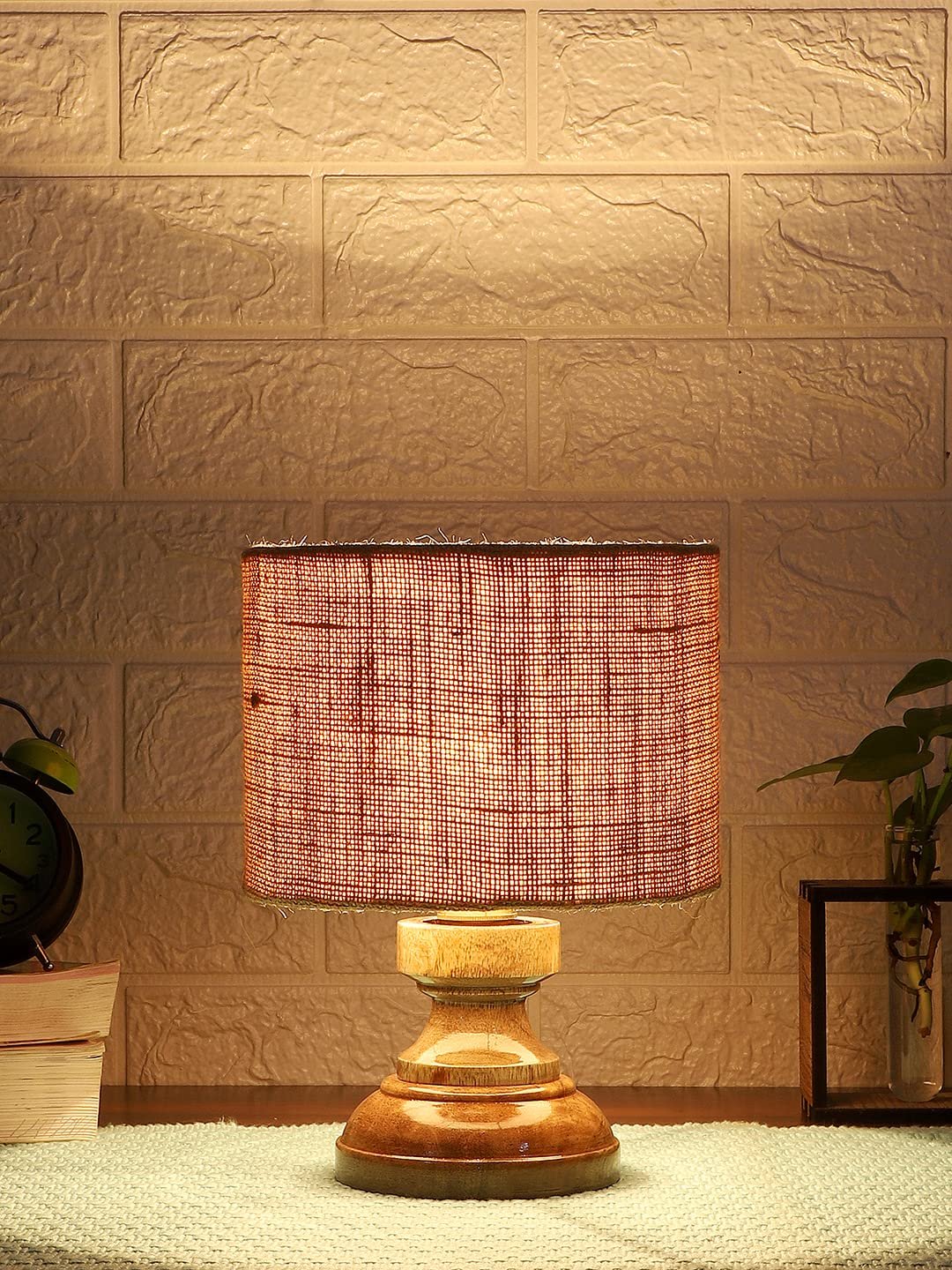 Wood Table lamp with Beige Jute Shade