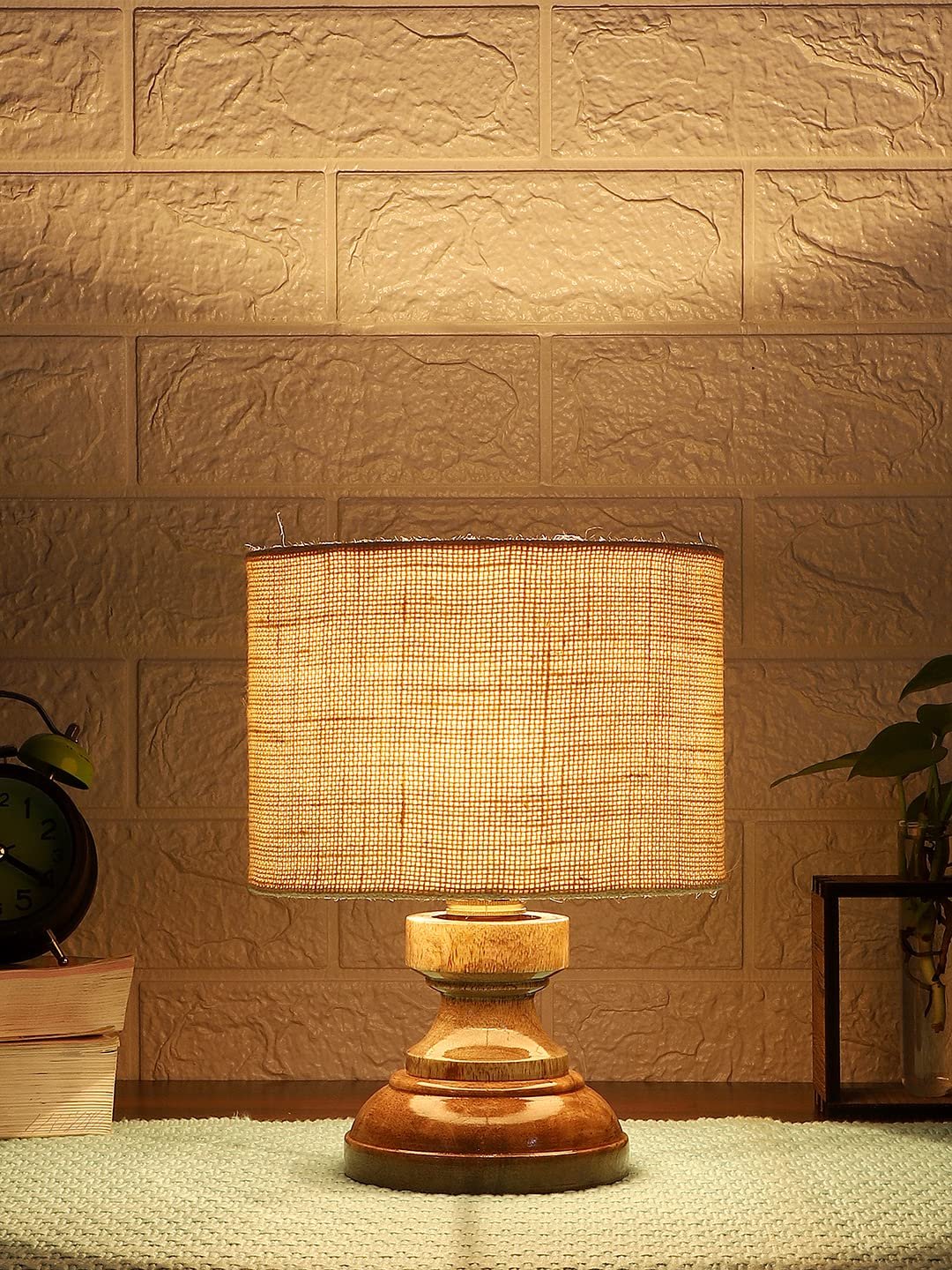Wood Table lamp with White Jute Shade