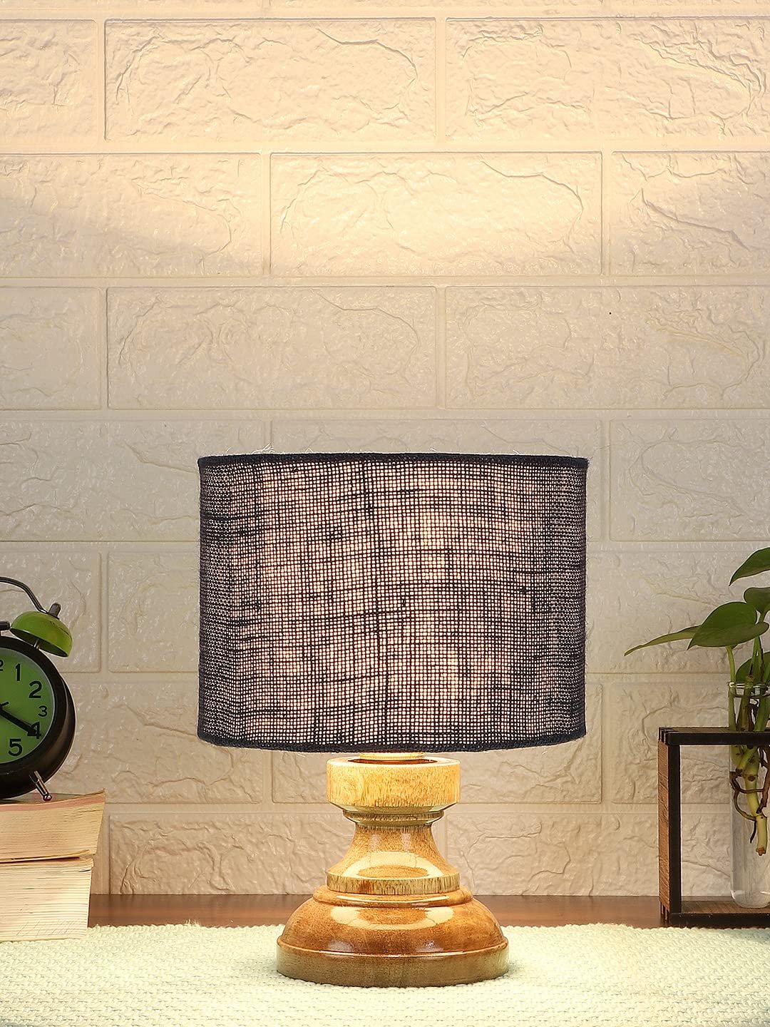 Wood Table lamp with Blue Jute Shade
