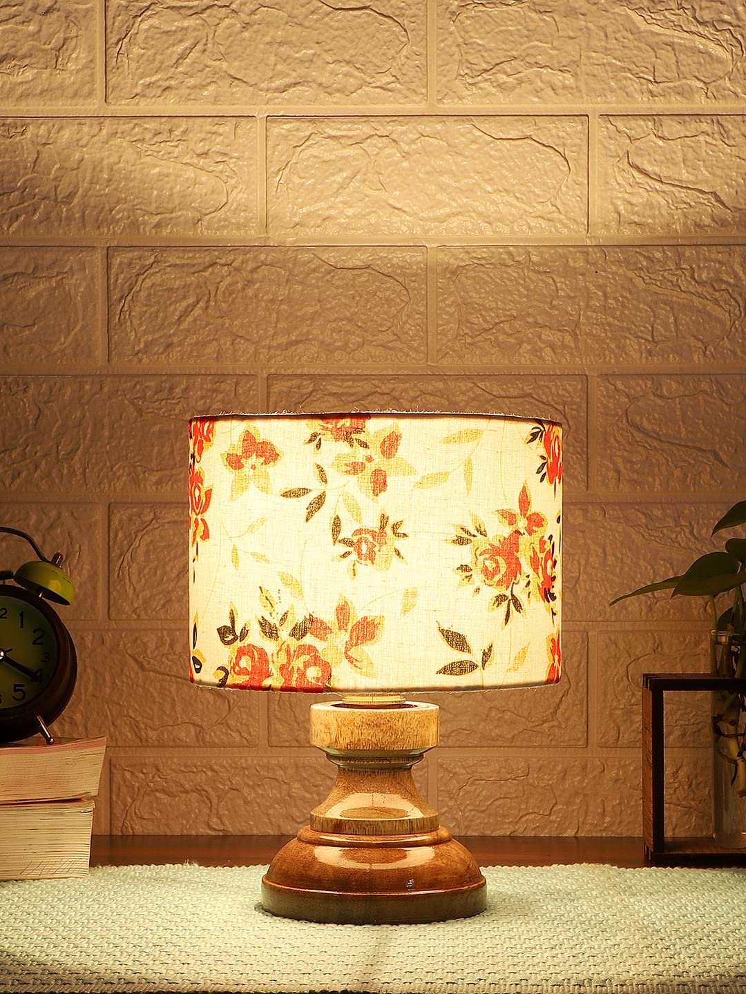 Wood Table lamp with Multicolor Cotton Shade