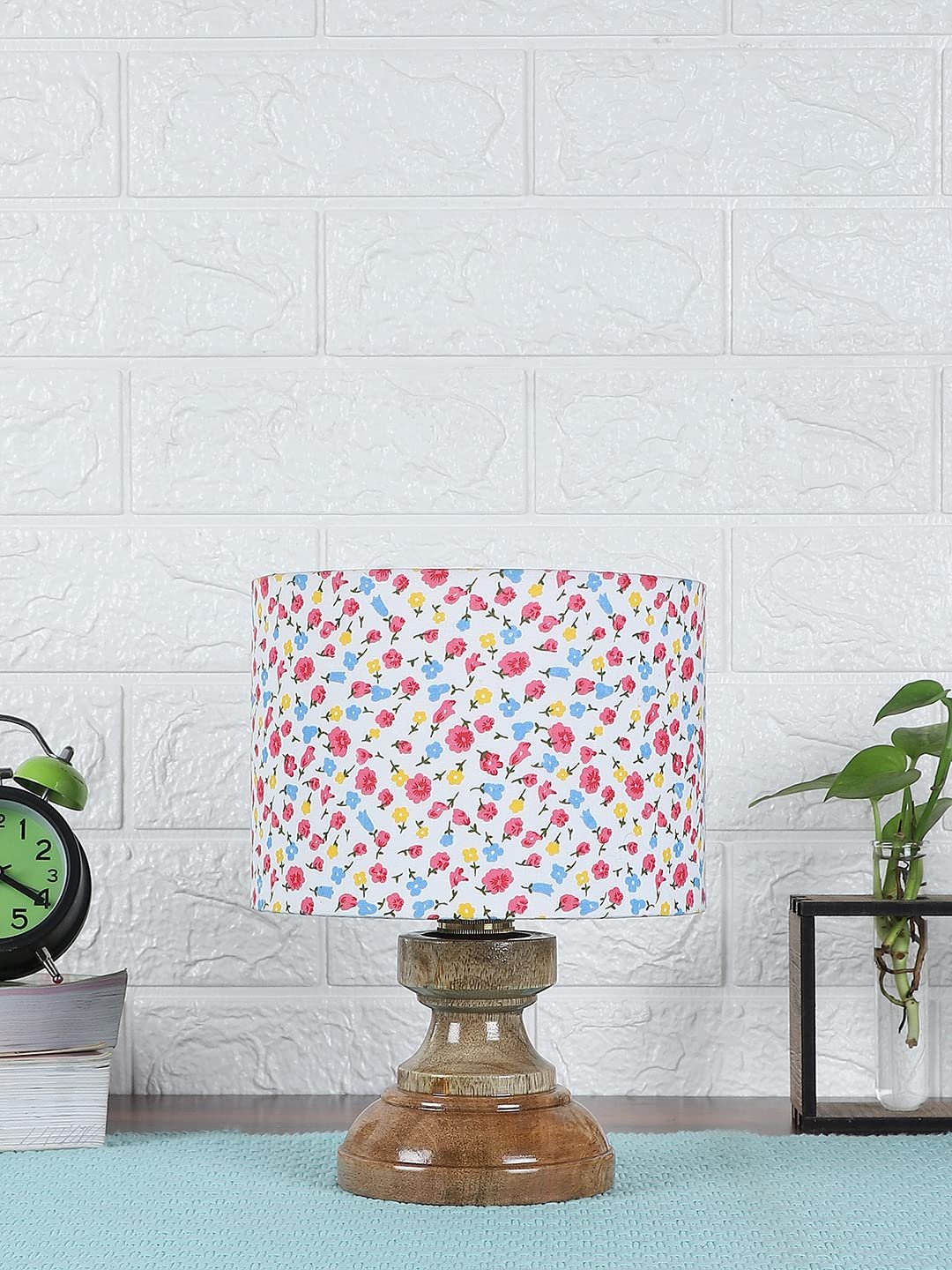 Wood Table lamp with Multicolor Cotton Shade