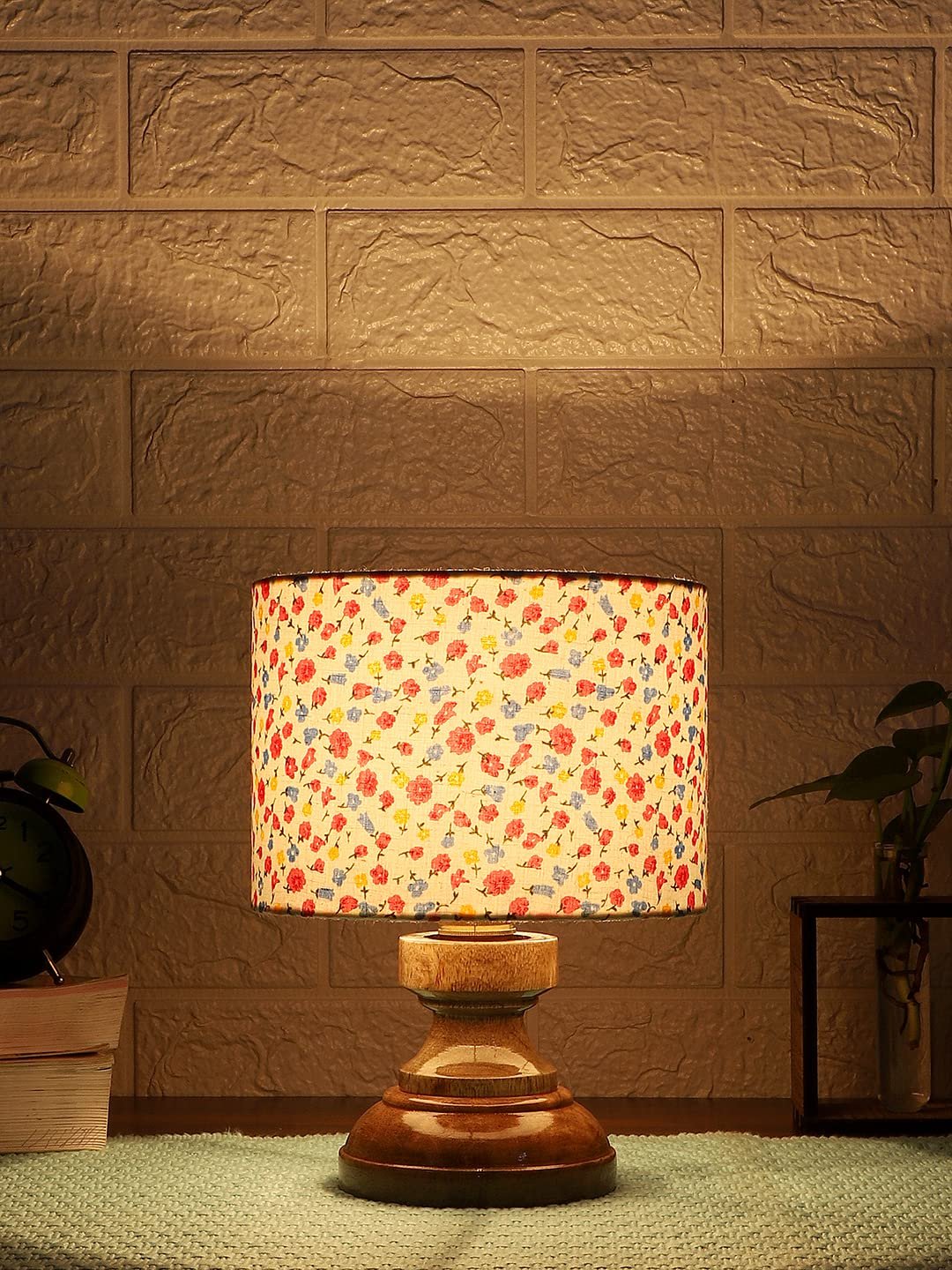 Wood Table lamp with Multicolor Cotton Shade