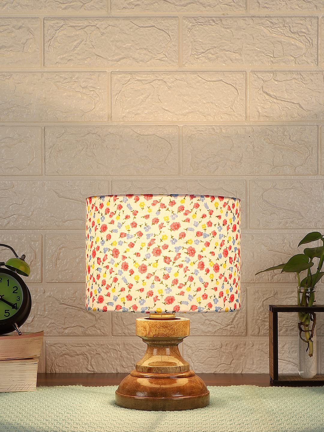 Wood Table lamp with Multicolor Cotton Shade