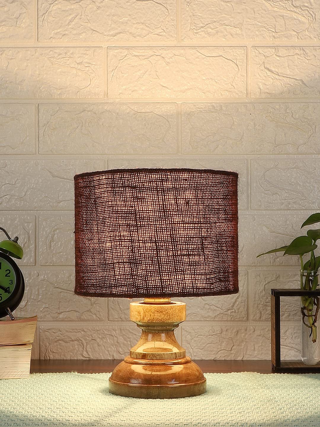 Wood Table lamp with Brown Jute Shade