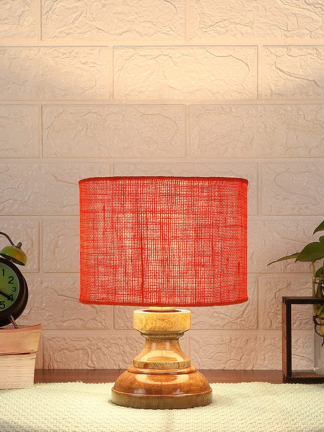 Wood Table lamp with Orange Jute Shade