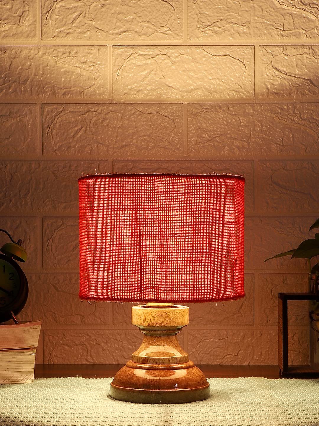 Wood Table lamp with Orange Jute Shade
